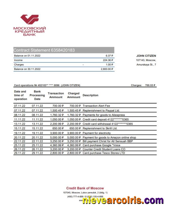 Russia Credit Bank of Moscow bank statement xls